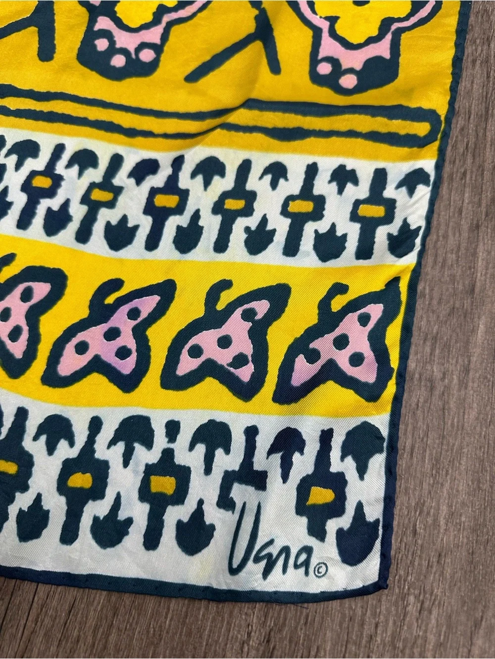 Vintage Vera Neumann rayon silk scarf yellow navy blue pink